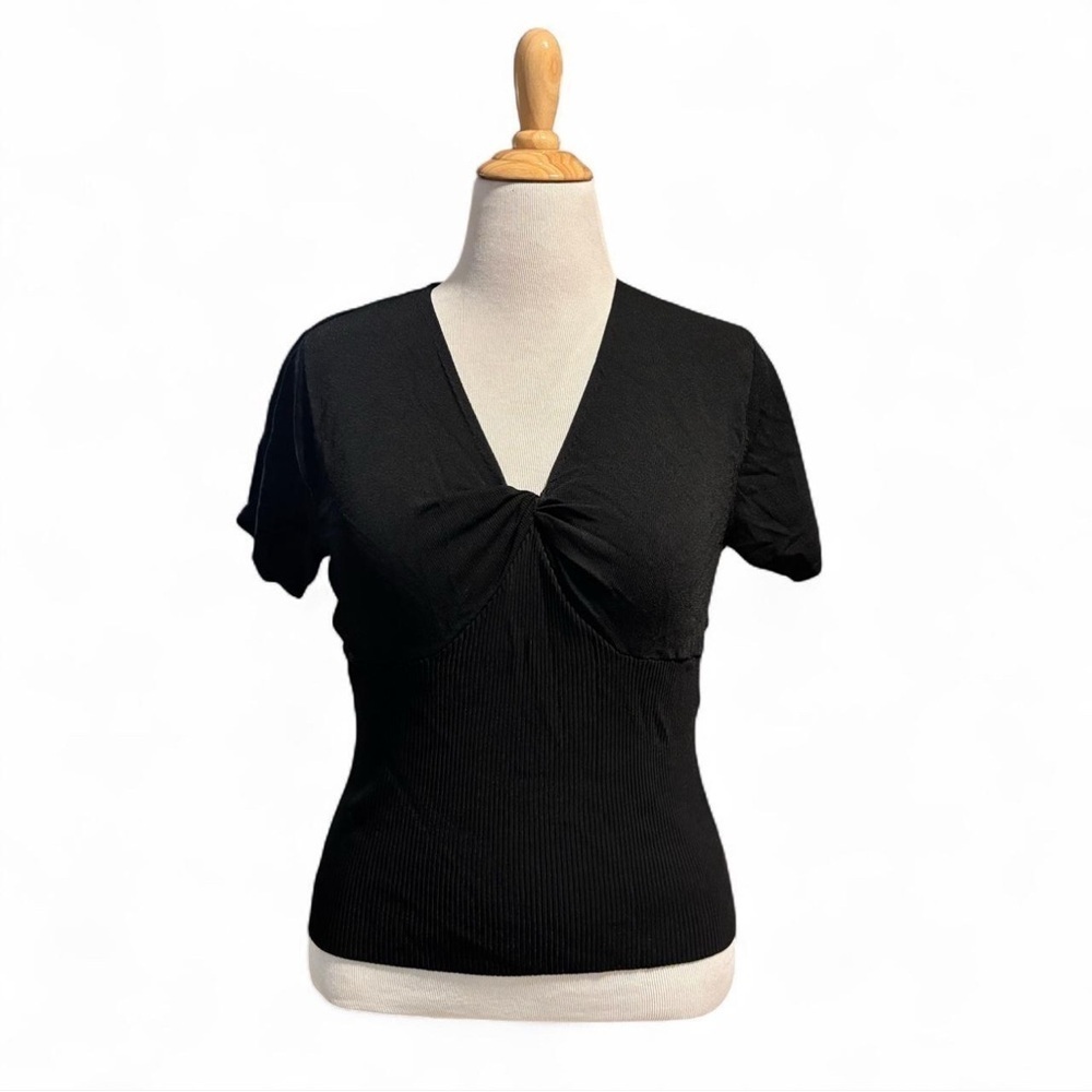 Y2K Black Twist Front Ribbed Knit Tee Indie Soft Grunge Babecore Top XL